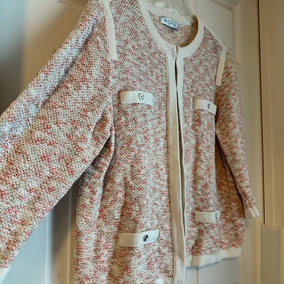 Kasper Pink White Trim Crochet 3/4 Sleeve Faux Pocket Cardigan Jacket Sz 2X - Picture 8 of 8